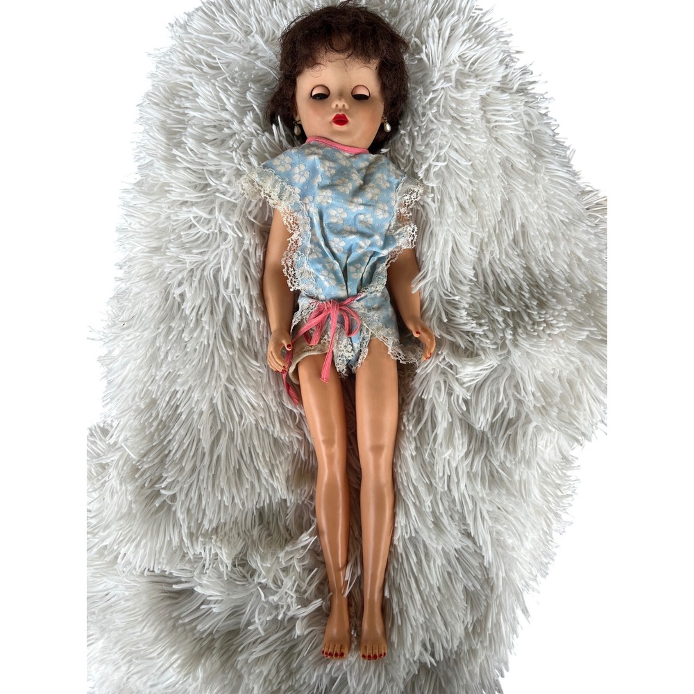 Vintage Fashion Doll Sleep Eyes Brunette Blue Floral Lace Outfit 1950s 60s